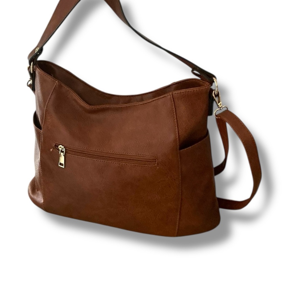 Brown Faux Leather Shoulder Bag Crossbody Gold Hardware 15x10x4 Excellent